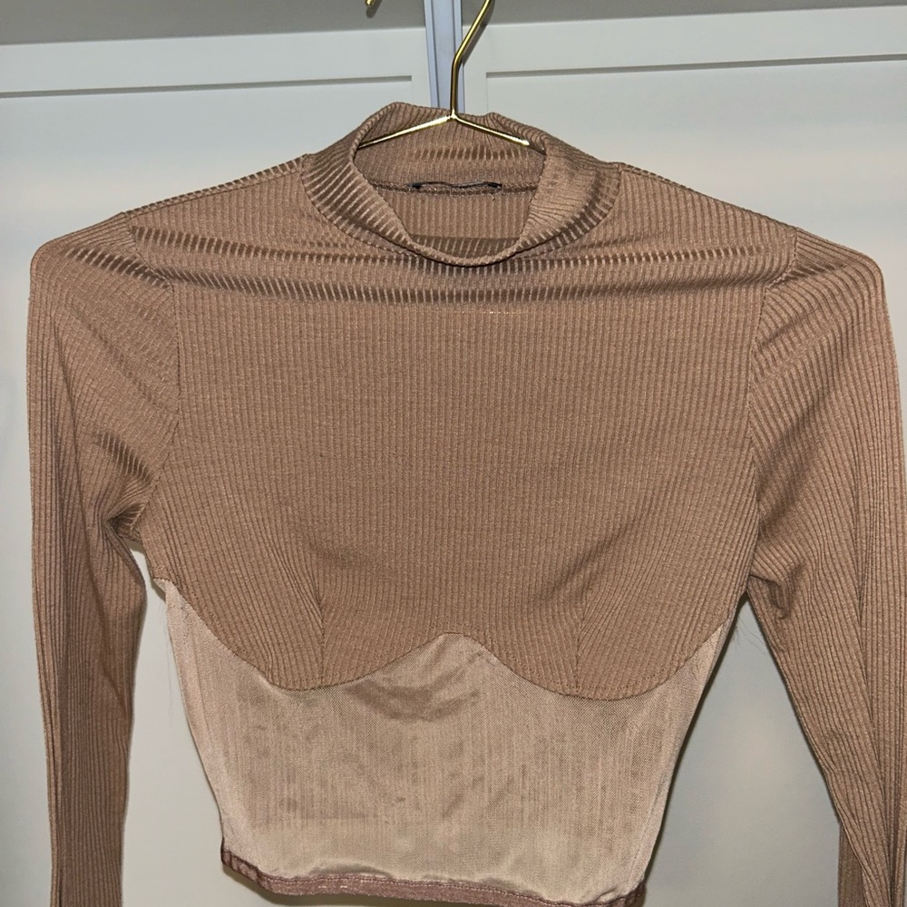 Fashion Nova Beige Sheer Mock Neck Top - Picture 2 of 4